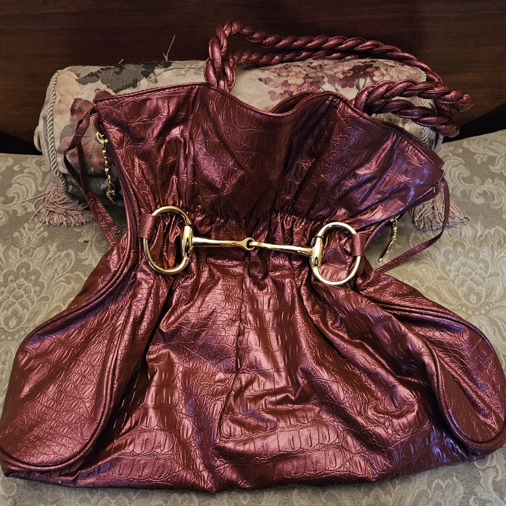 Metallic Burgundy Handbag with Gold Accents